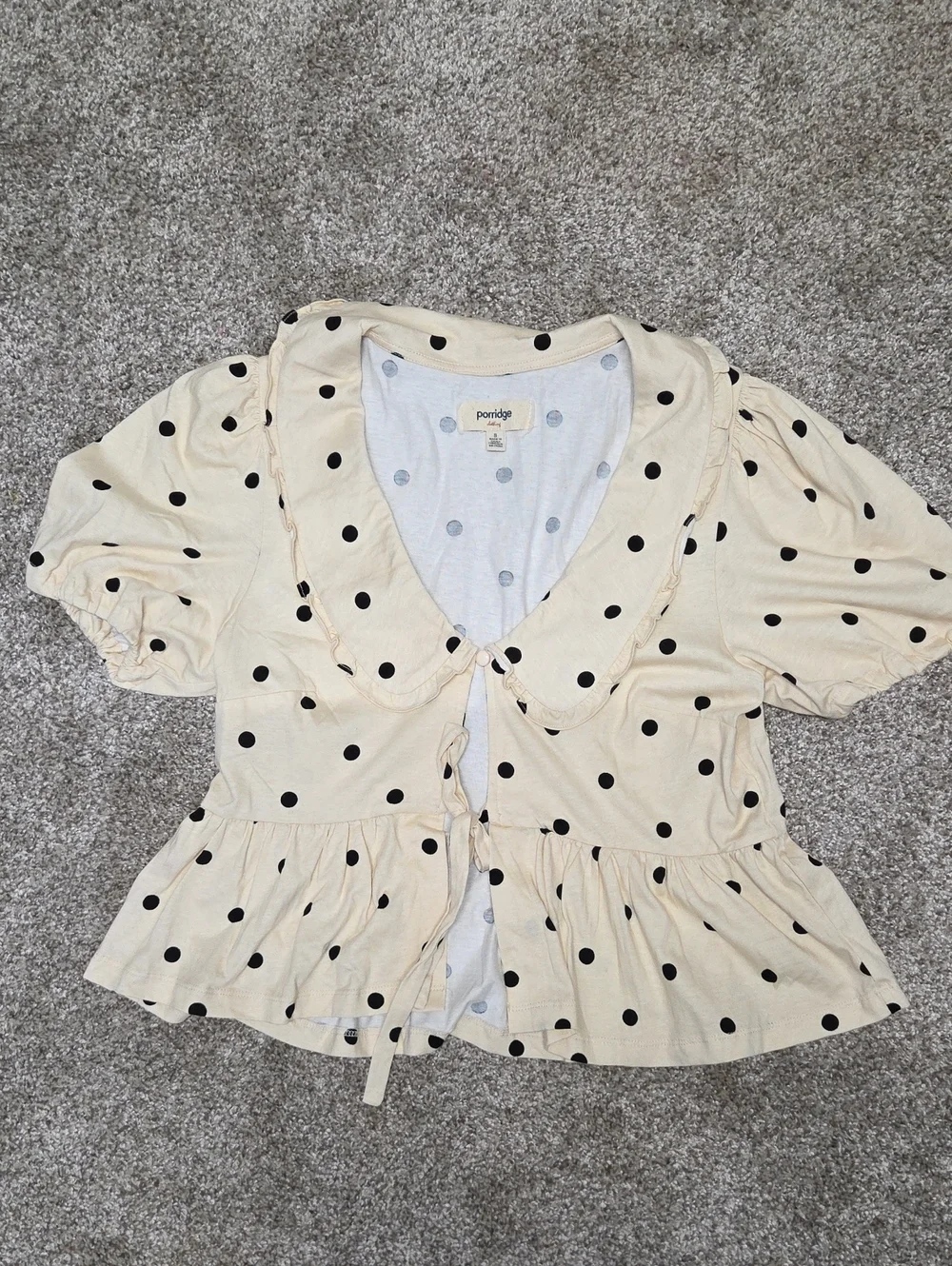 Anthropologie Cream Blouse with Black Polka Dots and Peplum